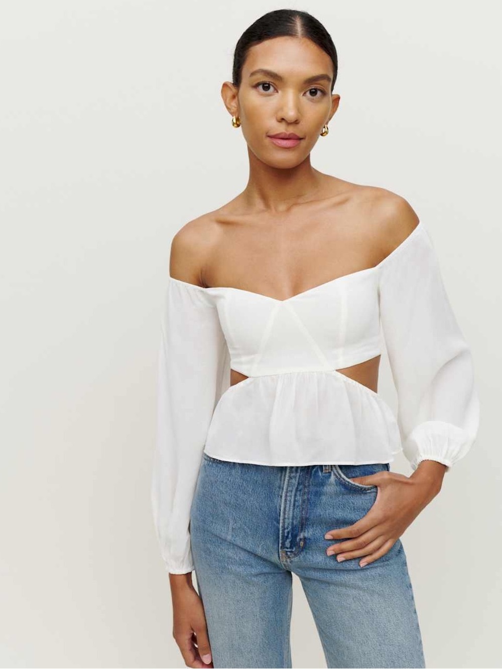 Reformation Laraine Off Shoulder Cutout Peplum Top Ivory Size 8 NWT 🤍